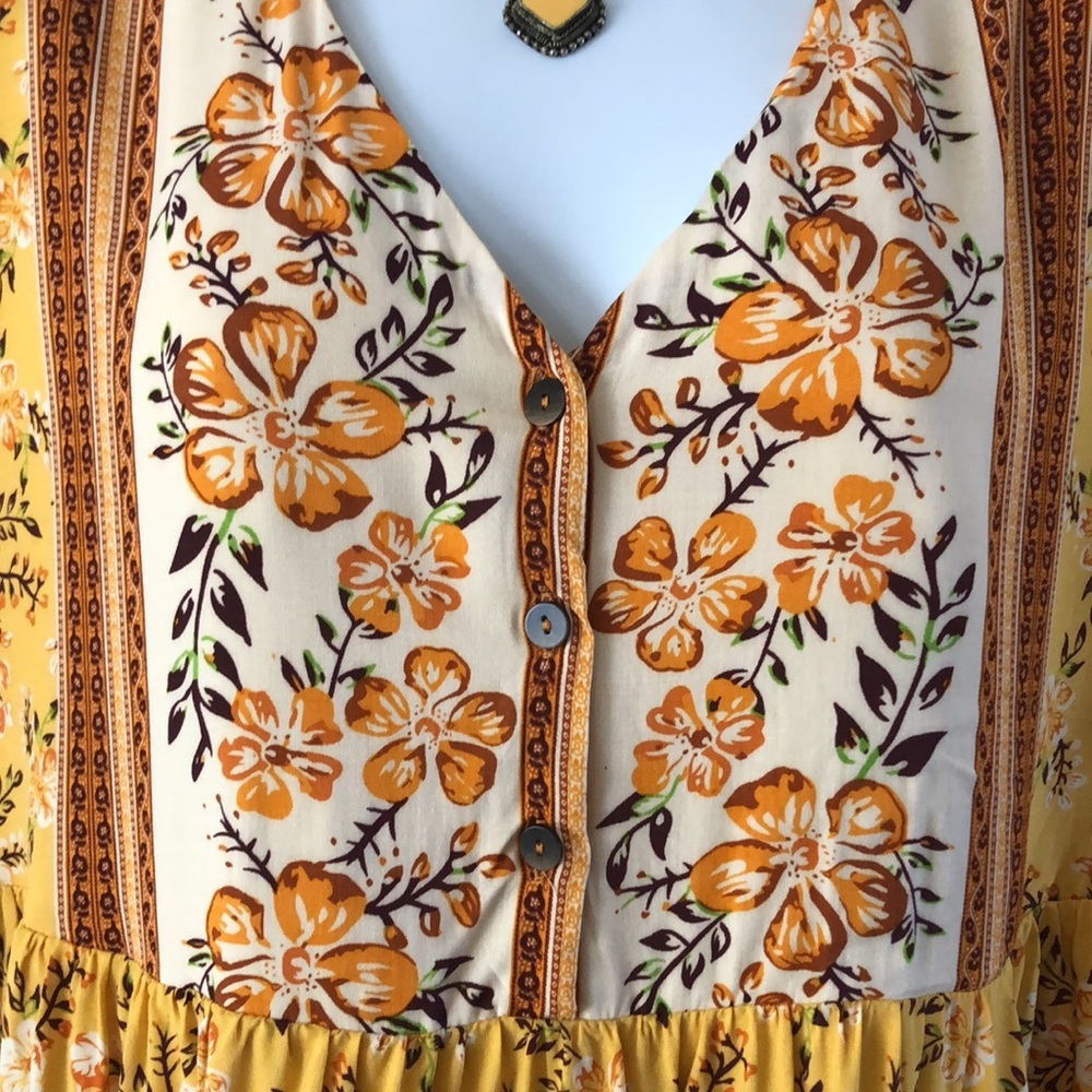 Kirundo Mini Dress Bohemian Short Sleeve Size Large Mustard Floral New - Picture 3 of 13